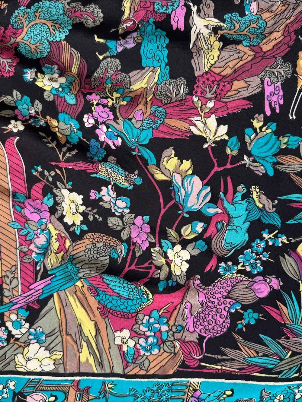 Vintage Hand Rolled Silk Chinoiserie Style Luxury Square Scarf Asian Motif